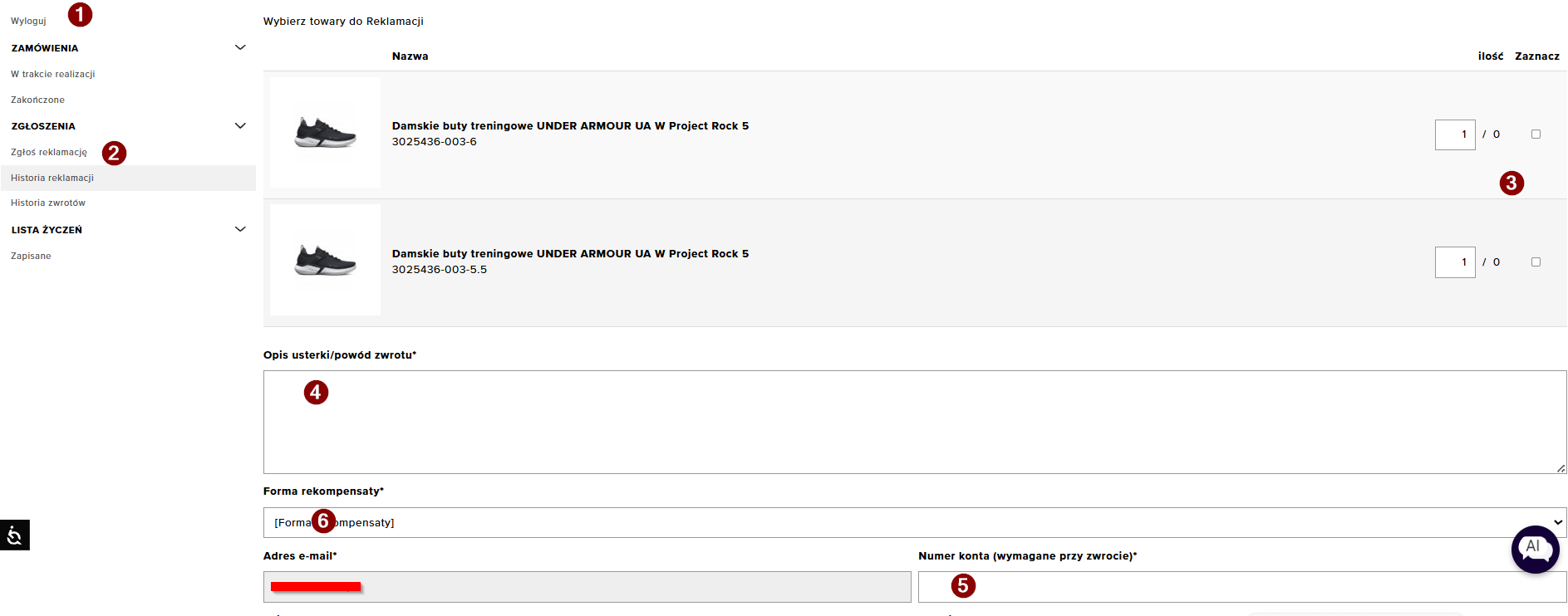 Proces reklamacji w panelu użytkownika