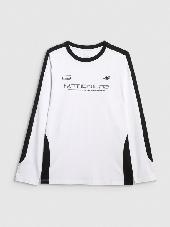 Męski longsleeve oversize z nadrukiem 4F 4FRAW25TLONM653 - biały