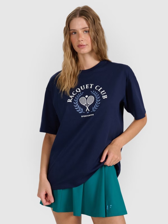 Damski t-shirt z nadrukiem 4F 4FRAW25TTSHF3158 - granatowy