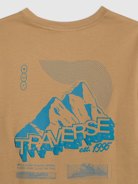 Męski t-shirt z nadrukiem 4F 4FRAW25TTSHM3377 - beżowy