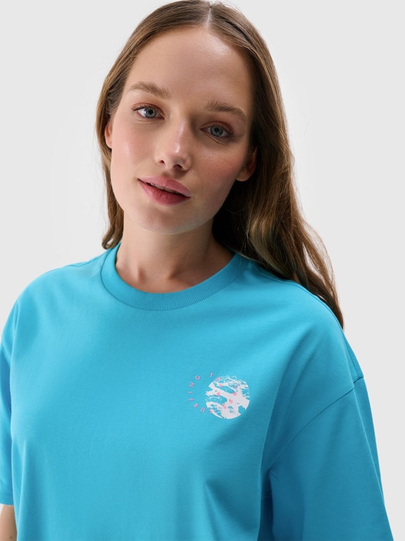 Damski t-shirt z nadrukiem 4F 4FRSS24TTSHF2108 - turkusowy