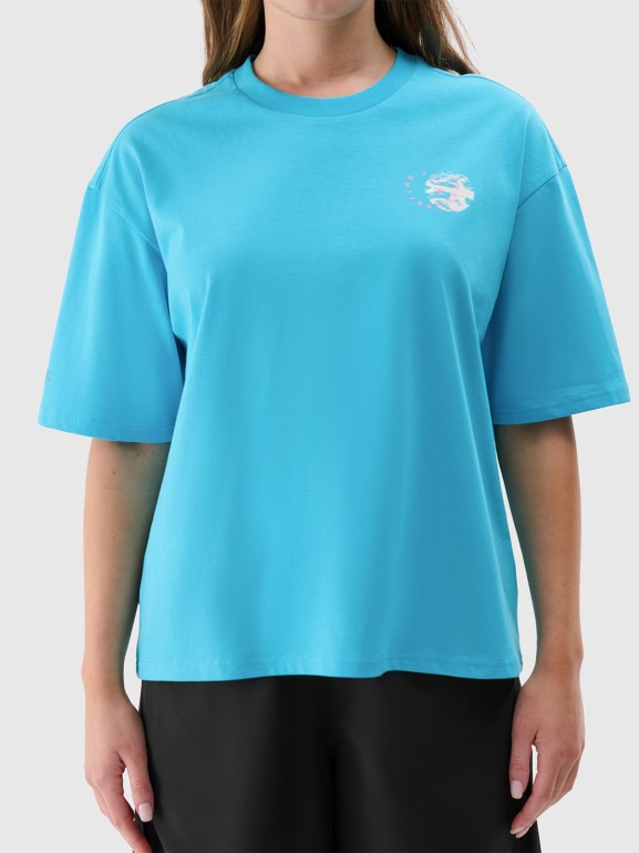 Damski t-shirt z nadrukiem 4F 4FRSS24TTSHF2108 - turkusowy