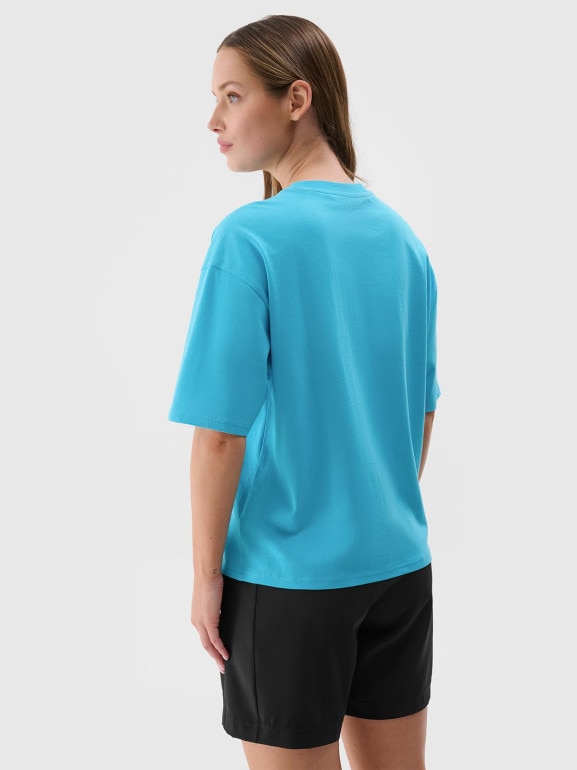 Damski t-shirt z nadrukiem 4F 4FRSS24TTSHF2108 - turkusowy