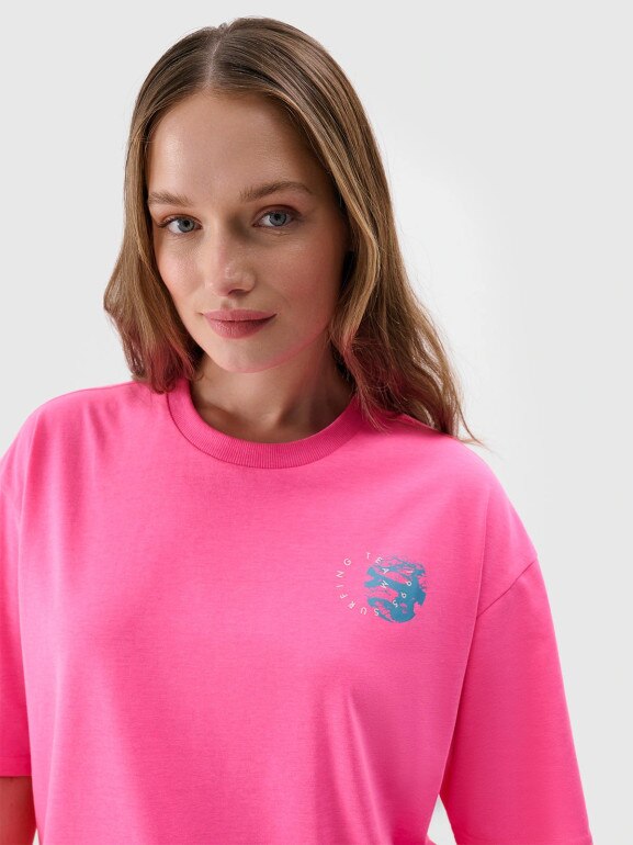 Damski t-shirt z nadrukiem 4F 4FRSS24TTSHF2108 - różowy