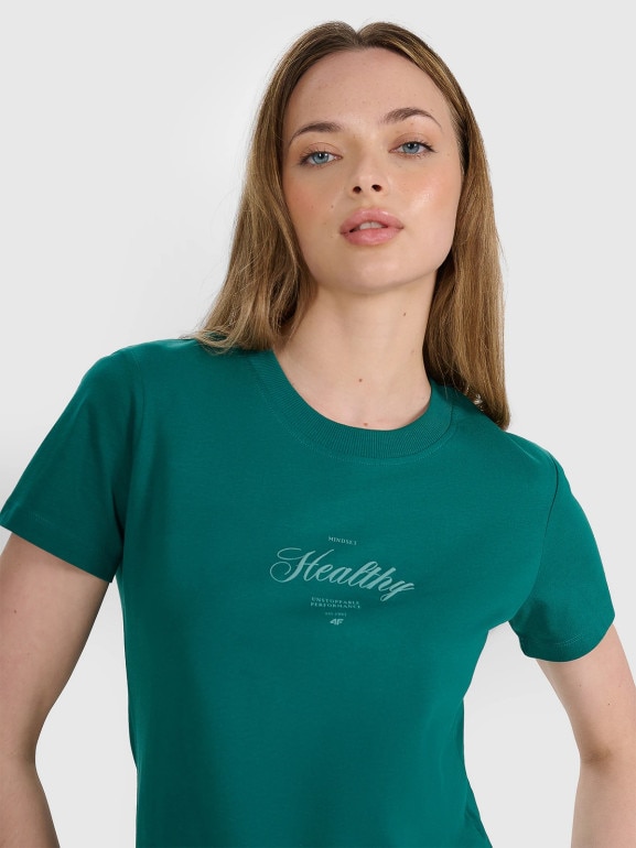 Damski t-shirt z nadrukiem 4F 4FRSS25TTSHF2780 - turkusowy