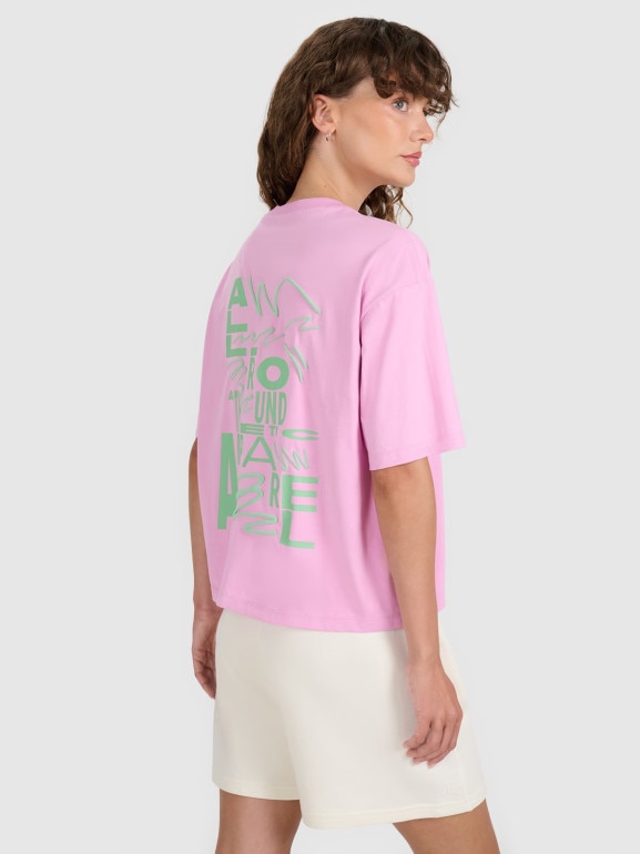 Damski t-shirt oversize z nadrukiem 4F 4FRSS25TTSHF2787 - różowy