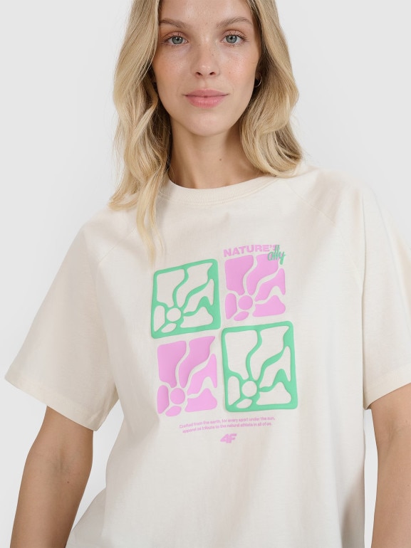 Damski t-shirt z nadrukiem 4F 4FRSS25TTSHF2974 - biały