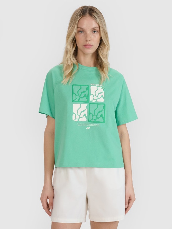Damski t-shirt z nadrukiem 4F 4FRSS25TTSHF2974 - zielony
