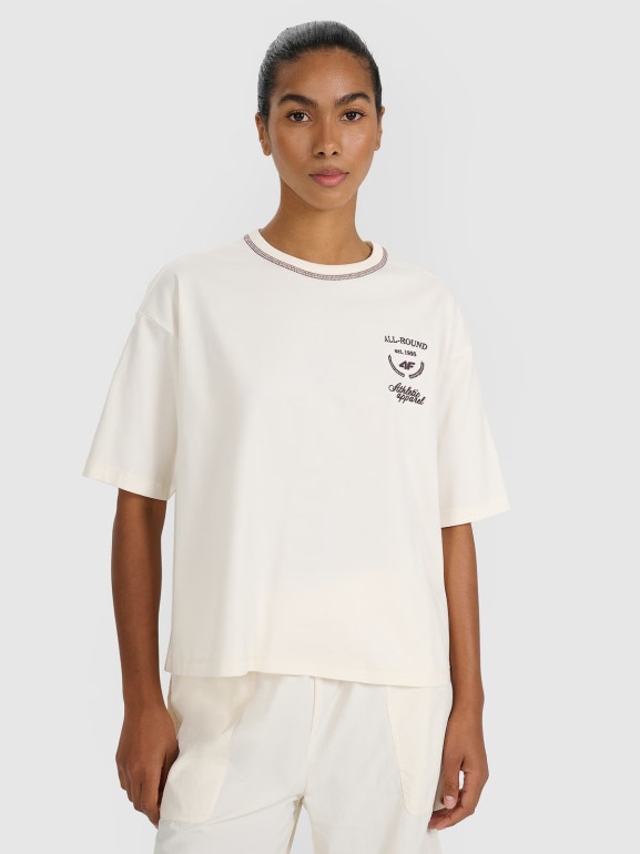 Damski t-shirt oversize z nadrukiem 4F 4FRSS25TTSHF2979 - biały