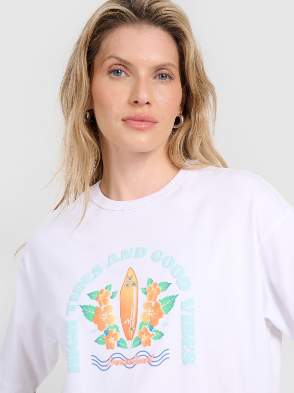 Damski t-shirt z nadrukiem oversize 4F 4FRSS25TTSHF3159 - biały