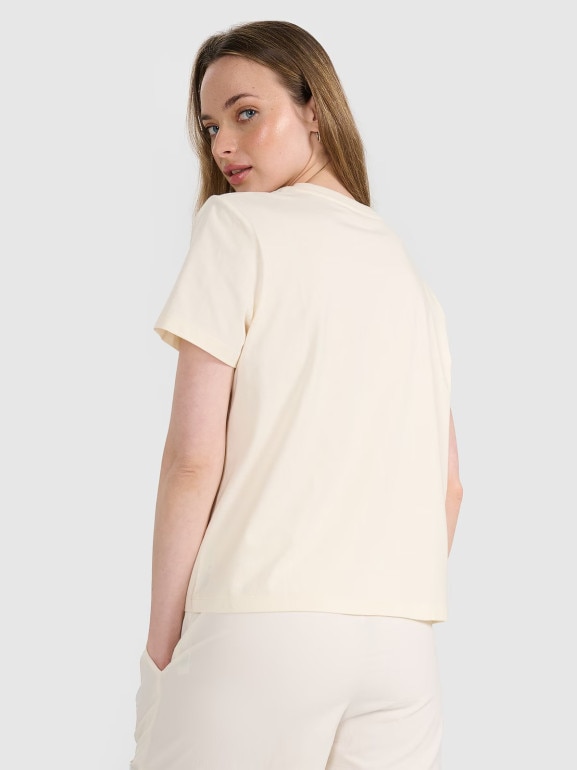 Damski t-shirt oversize z nadrukiem 4F 4FRSS25TTSHF3160 - beżowy