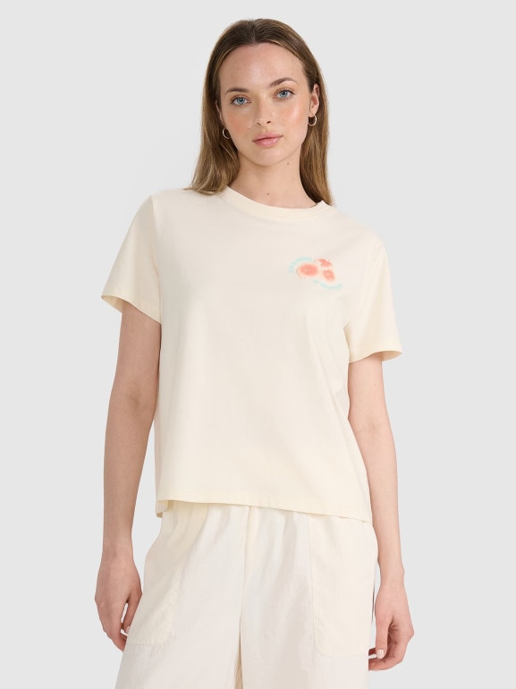 Damski t-shirt oversize z nadrukiem 4F 4FRSS25TTSHF3160 - beżowy