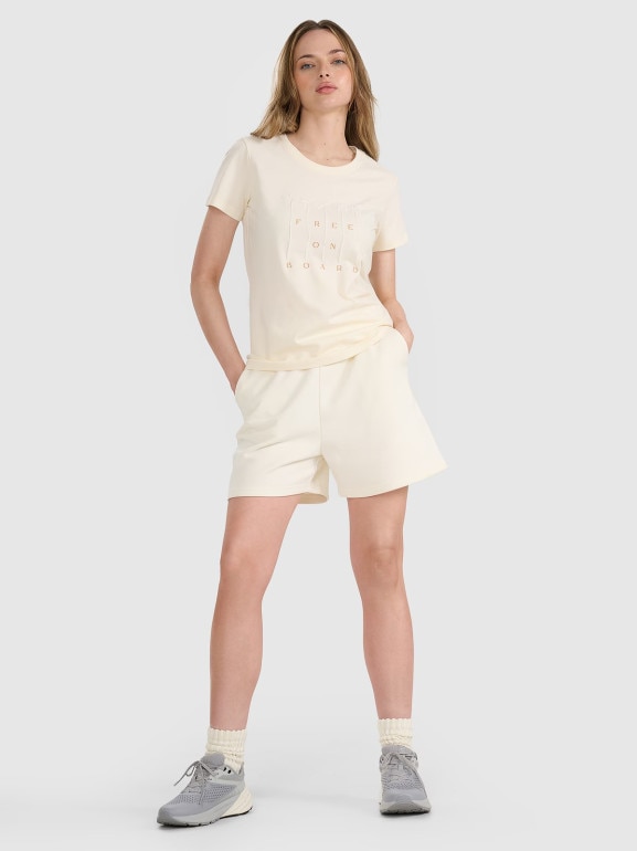 Damski t-shirt z nadrukiem 4F 4FRSS25TTSHF3162 - beżowy