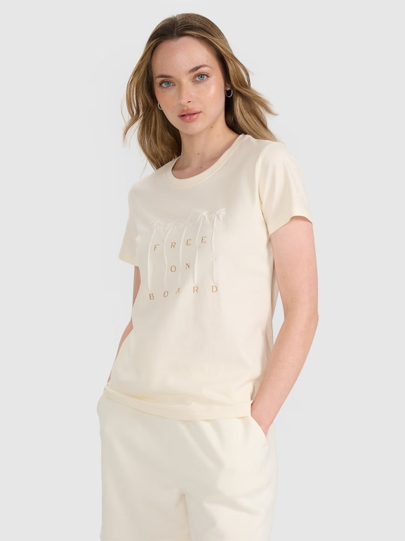 Damski t-shirt z nadrukiem 4F 4FRSS25TTSHF3162 - beżowy