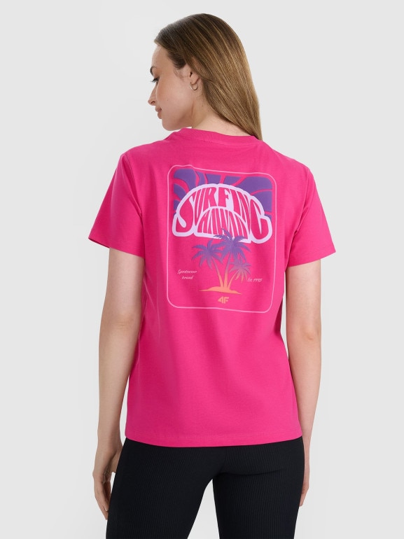 Damski t-shirt oversize z nadrukiem 4F 4FRSS25TTSHF3163 - różowy