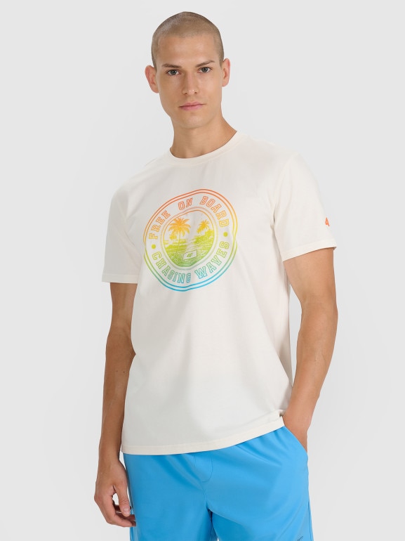 Męski t-shirt z nadrukiem 4F 4FRSS25TTSHM3156 - beżowy