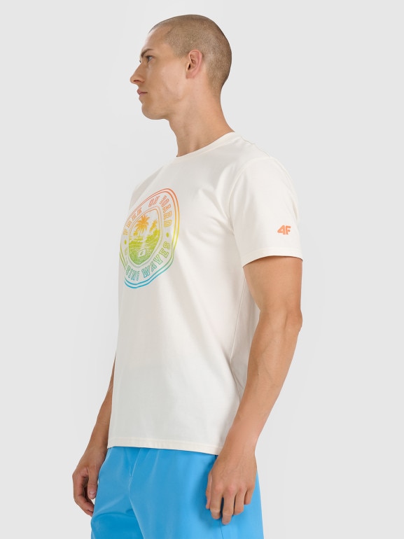 Męski t-shirt z nadrukiem 4F 4FRSS25TTSHM3156 - beżowy