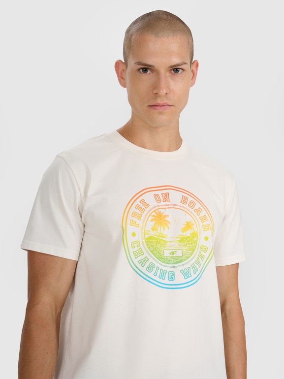 Męski t-shirt z nadrukiem 4F 4FRSS25TTSHM3156 - beżowy