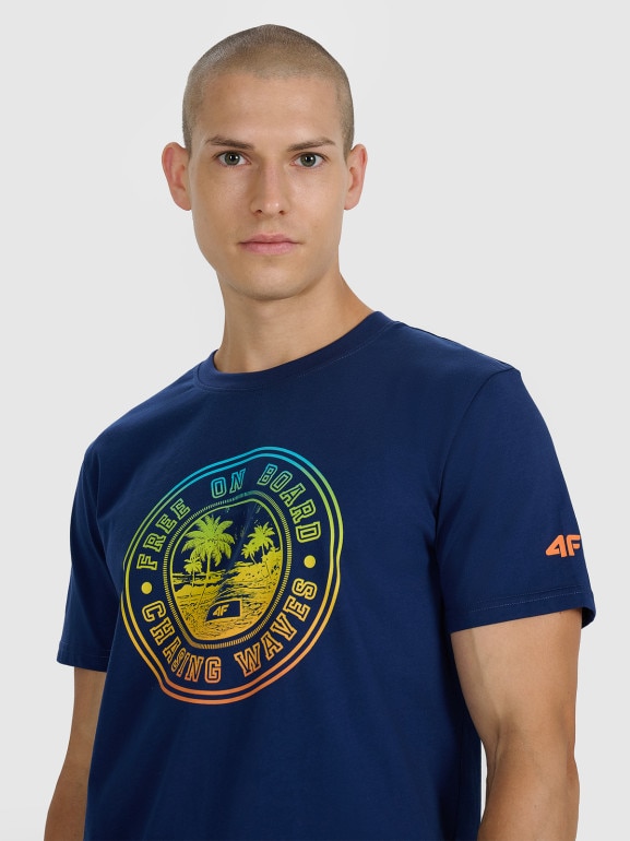 Męski t-shirt z nadrukiem 4F 4FRSS25TTSHM3156 - granatowy