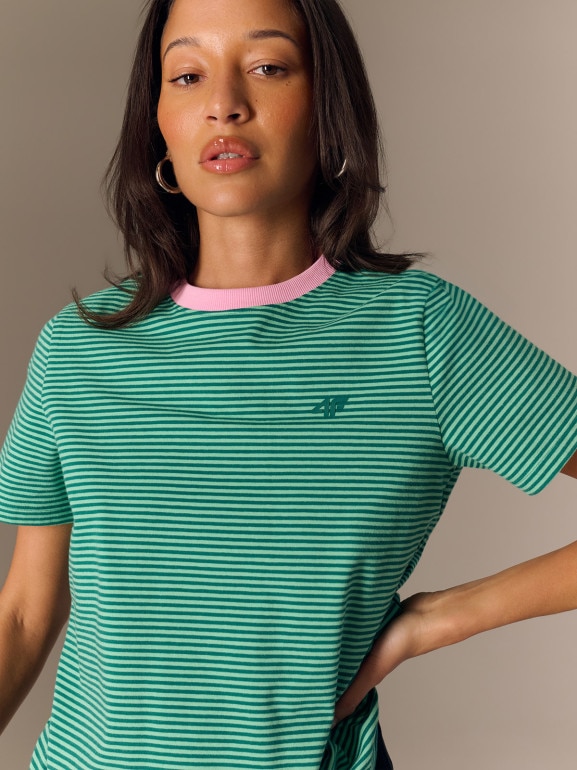 Damski t-shirt w paski 4F 4FRSS26TTSHF3702 - zielony