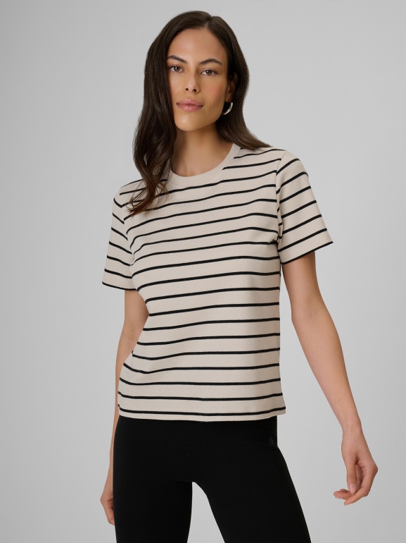Damski t-shirt w paski 4F 4FRSS26TTSHF4023 - beżowy