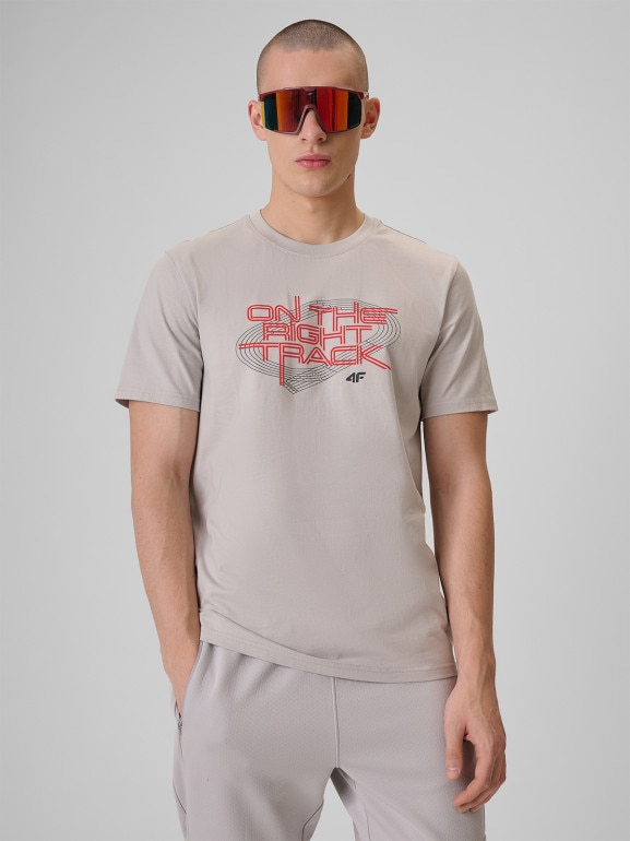 Męski t-shirt z nadrukiem 4F 4FRSS26TTSHM3804 - beżowy