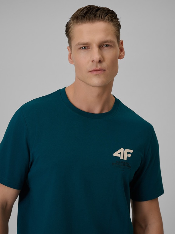 Męski t-shirt z nadrukiem 4F 4FRSS26TTSHM3990 - turkusowy