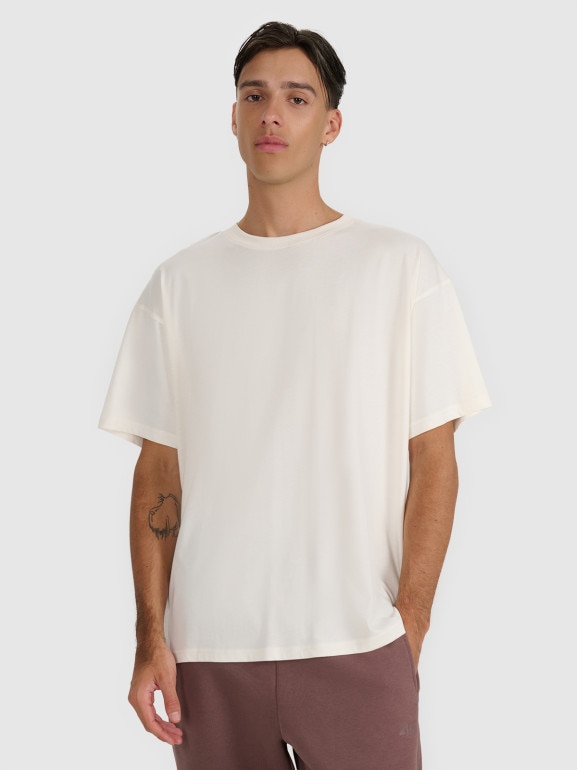 Męski t-shirt z nadrukiem 4F 4FWAW25TTSHM2403 - beżowy