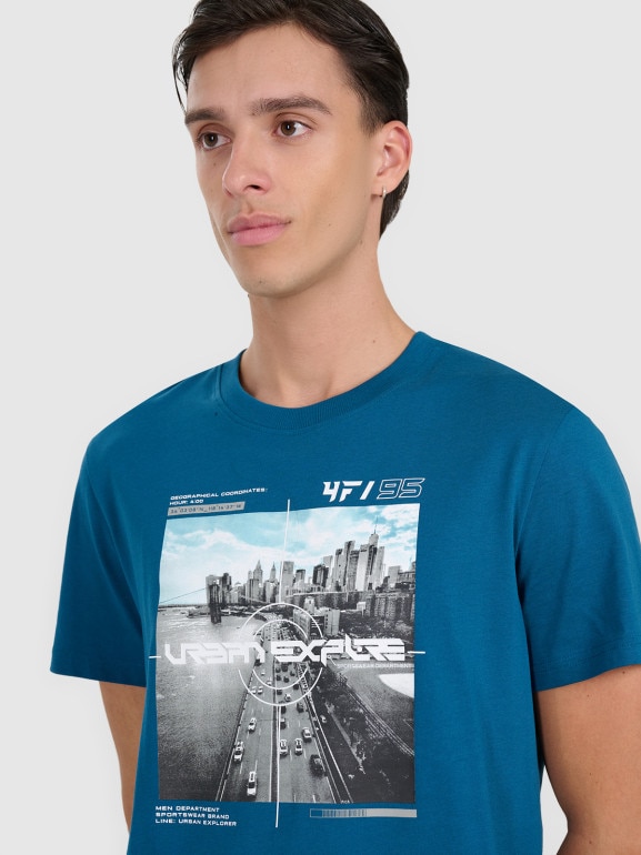 Męski t-shirt z nadrukiem 4F 4FWAW25TTSHM3124 - niebieski