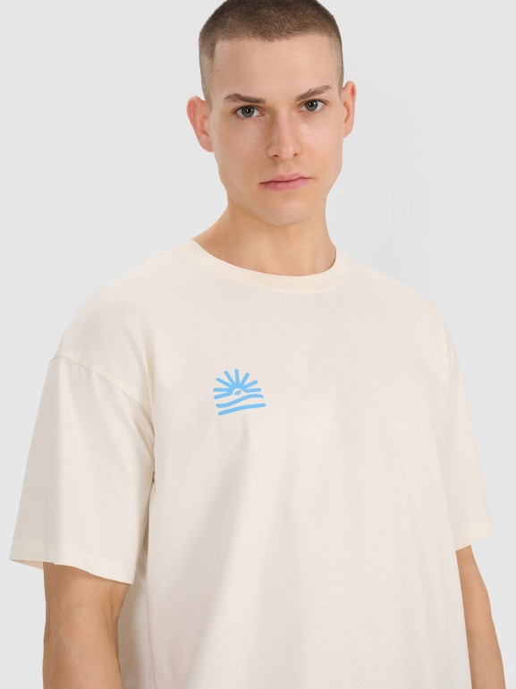 Męski t-shirt oversize z nadrukiem 4F 4FWSS25TTSHM1985 - beżowy