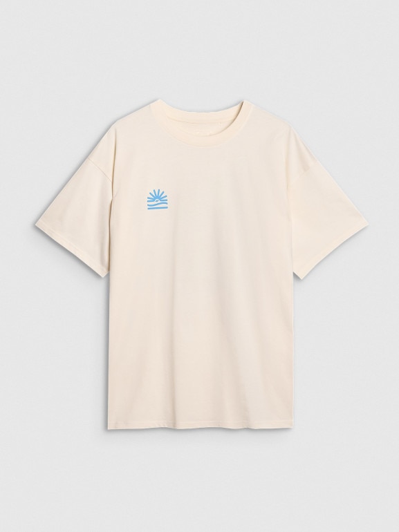 Męski t-shirt oversize z nadrukiem 4F 4FWSS25TTSHM1985 - beżowy