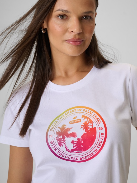 Damski t-shirt z nadrukiem 4F 4FWSS26TTSHF2718 - biały