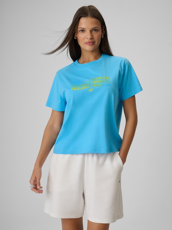 Damski t-shirt z nadrukiem 4F 4FWSS26TTSHF2720 - niebieski