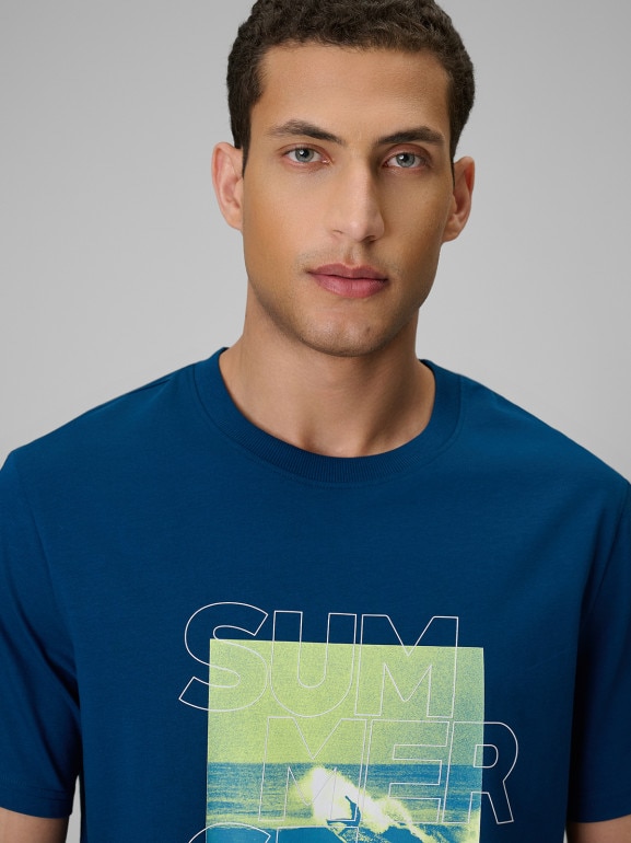 Męski t-shirt z nadrukiem 4F 4FWSS26TTSHM2783 - granatowy