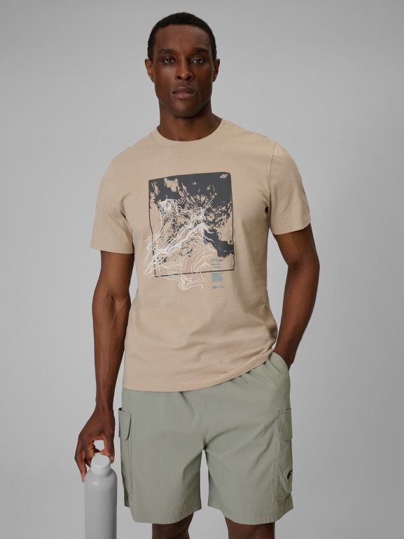 Męski t-shirt z nadrukiem 4F 4FWSS26TTSHM2825 - beżowy