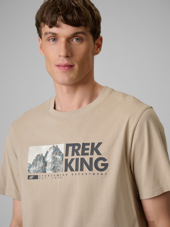 Męski t-shirt z nadrukiem 4F 4FWSS26TTSHM3321 - beżowy