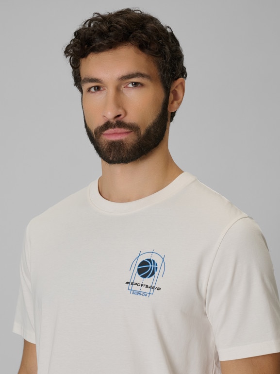 Męski t-shirt z nadrukiem 4F 4FWSS26TTSHM3329 - beżowy