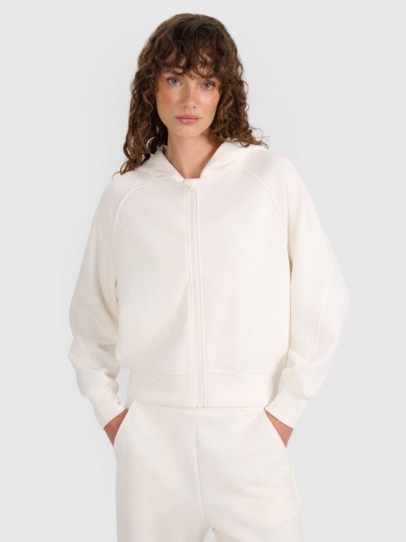 Damska bluza dresowa rozpinana z kapturem 4F 4FWAW25TSWSF1835 - biała