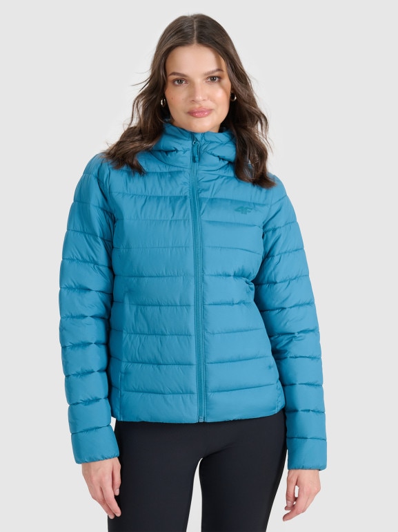 Damska kurtka puchowa pikowana 4F 4FWAW25TDJAF580 - turkusowa