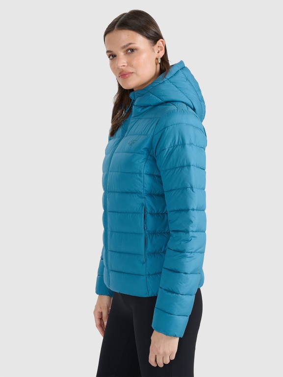 Damska kurtka puchowa pikowana 4F 4FWAW25TDJAF580 - turkusowa