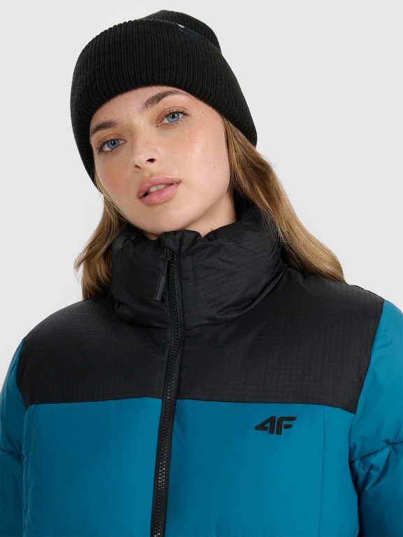 Damska kurtka puchowa pikowana 4F 4FWAW25TDJAF581 - turkusowa