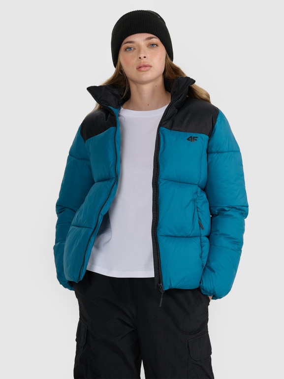 Damska kurtka puchowa pikowana 4F 4FWAW25TDJAF581 - turkusowa