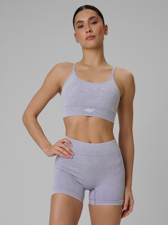 Damski biustonosz treningowy bezszwowy 4F 4FWSS26USBAF203 - fioletowy