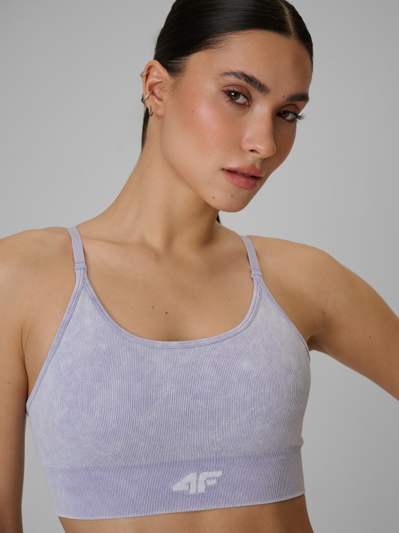 Damski biustonosz treningowy bezszwowy 4F 4FWSS26USBAF203 - fioletowy