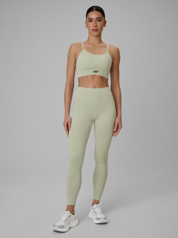 Damski biustonosz treningowy bezszwowy 4F 4FWSS26USBAF203 - zielony