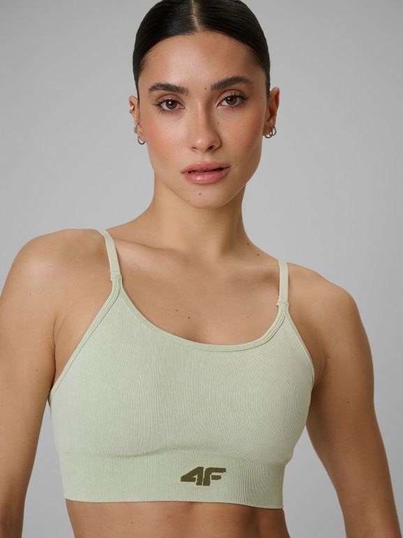 Damski biustonosz treningowy bezszwowy 4F 4FWSS26USBAF203 - zielony