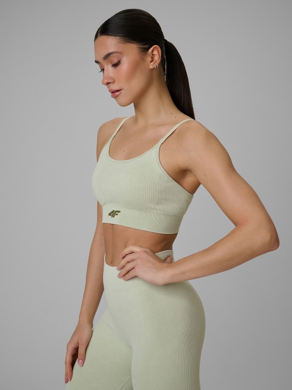 Damski biustonosz treningowy bezszwowy 4F 4FWSS26USBAF203 - zielony