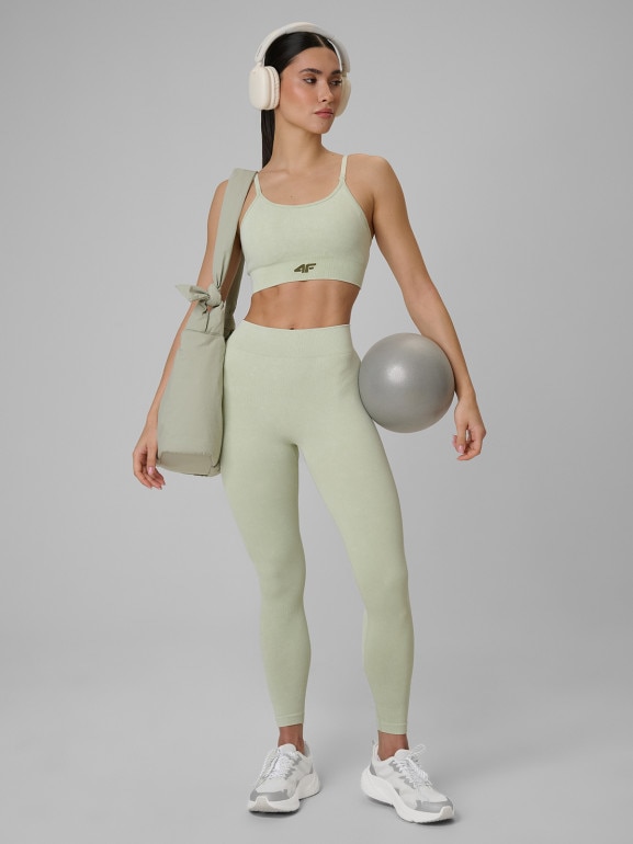 Damski biustonosz treningowy bezszwowy 4F 4FWSS26USBAF203 - zielony