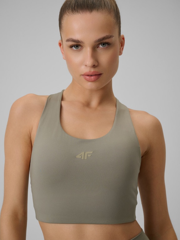 Damski biustonosz treningowy z niskim wsparciem 4F 4FWSS26USBAF219  - oliwkowy