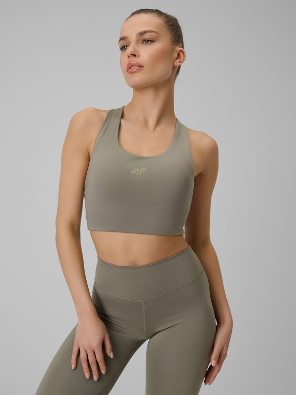 Damski biustonosz treningowy z niskim wsparciem 4F 4FWSS26USBAF219  - oliwkowy